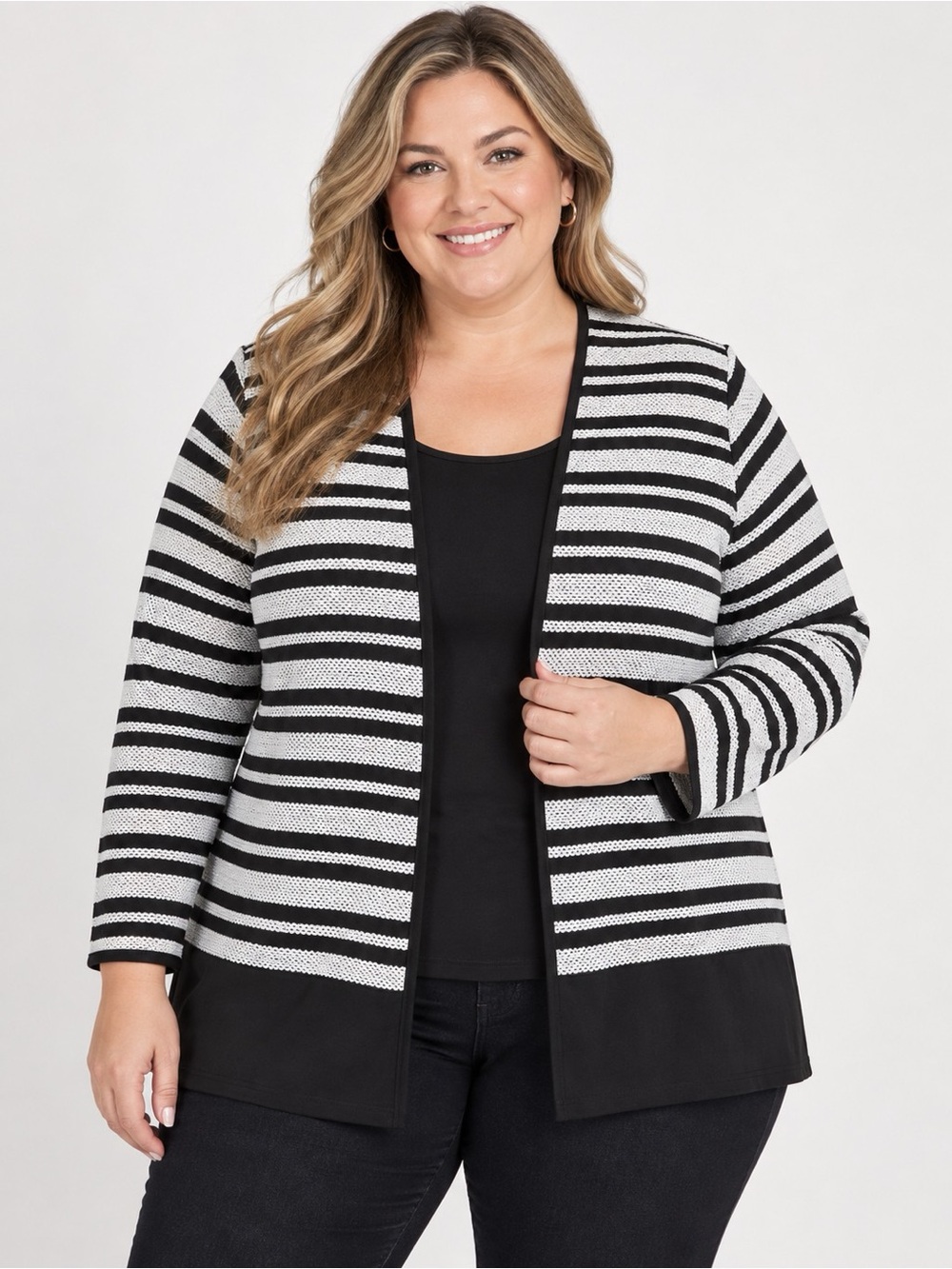 Alfred Dunner Black and White Striped Open-Front Cardigan Jacket